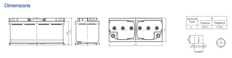 Dimensions Of 12V105AH - AGM battery (Start-Stop)