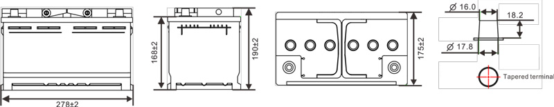 Dimensions Of 12V70AH EFB battery (Start-Stop)